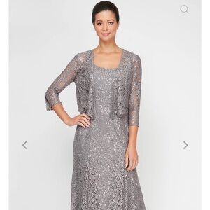 Alex Evenings Metallic Gray charcoal Lace Long Sleeve Gown New with tags